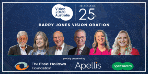 Headshots of the Hon Barry Jones, Jenifer Gersbeck, Hugh Taylor, the Hon Christopher Pyne, Carly Iles and Jess Gallagher. Above the group headshot is the Vision 2020 Australia logo and text the says 'Barry Jones Vision Oration'. Below the headshots are the logos of the event sponsors, including the Fred Hollows Foundation, Apellis and Specsavers.