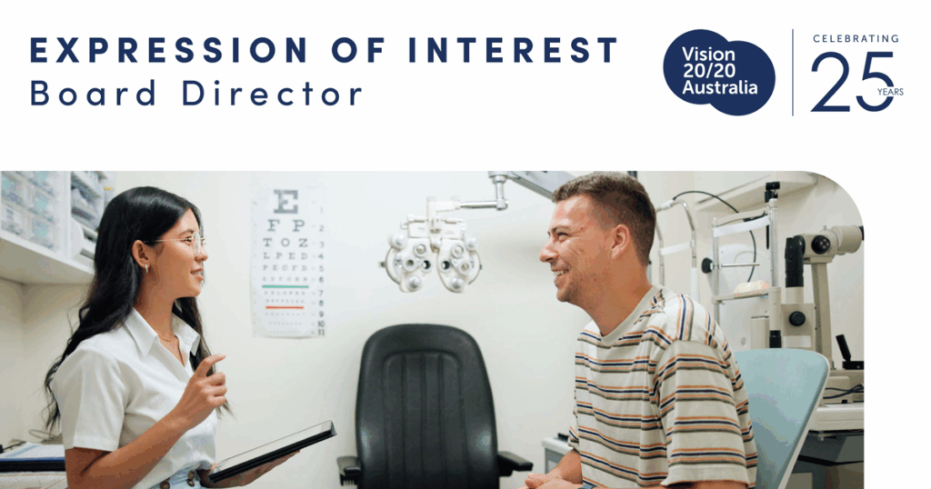 An image of an optometrist consulting with a patient. Above the image is text that says: Expression of interest, board director.