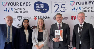 Prof Paul Mitchell - Director of the Centre For Vision Research at The Westmead Institute for Medical Research, Prof Bamini Gopinath - Cochlear Chair in Hearing and Health, Macquarie University, Carly Iles, CEO of Vision 2020 Australia, The Minister for Health and Ageing, the Hon Mark Butler MP, and the Hon Christopher Pyne, Chair of Vision 2020 Australia.